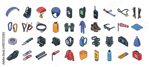 Collection of paragliding and adventure sports equipment in isometric view
