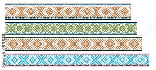 Set of four Lithuanian traditional sashes with national folk ornament. Geometric Baltic patterns arranged in decorative horizontal bands. Clean flat vector illustration suitable for textile design