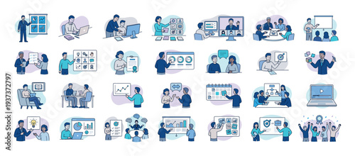 Diverse business professionals collaborating and presenting in various meeting and office scenarios