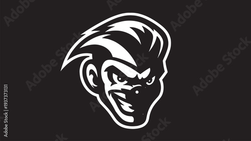 Illustration of a mischievous monkey face with stylized hair and grin, evil expression, funny cartoon character