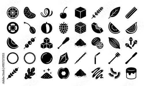 Collection of food and drink ingredients icons, perfect for culinary and beverage design