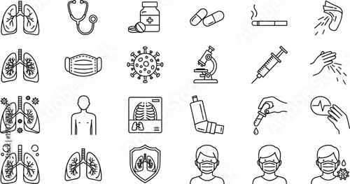 medical, healthcare, line, icons, collection, respiratory, protection, medicine, treatment, diagnosis, prevention, hospital, minimal, outline, vector, health, equipment, virus, care, set