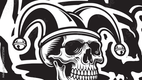 Skull wearing jester hat with bells for april fools day gothic circus illustration monochrome vector art for halloween or carnival themed projects