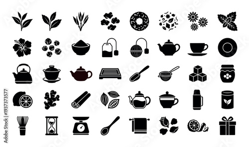 Collection of tea and coffee related icons and symbols for beverage preparation and enjoyment