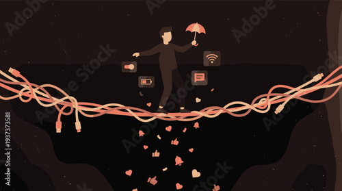 Man balancing on cables with social media icons and umbrella, representing digital life challenges