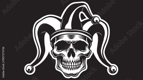 Jester skull vector art with transparent elements, black and white spooky clown head with jingle bells on hat, april fools day theme
