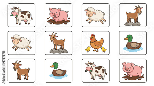 Farm animals illustrated in matching cards for kids' games  