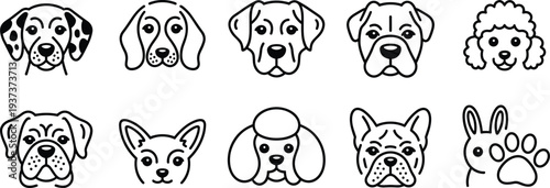 Dog breed icons, puppy faces, pet line art, bulldog, poodle, chihuahua, rabbit, paw print, animal design, flat vector illustration