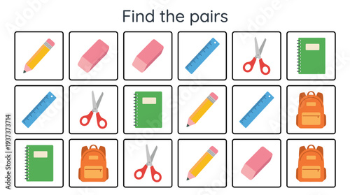 Classroom memory game with various school supplies and colors  