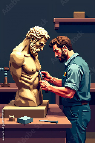 Fotografía Pixel art illustration of a sculptor carving a bust in an art studio