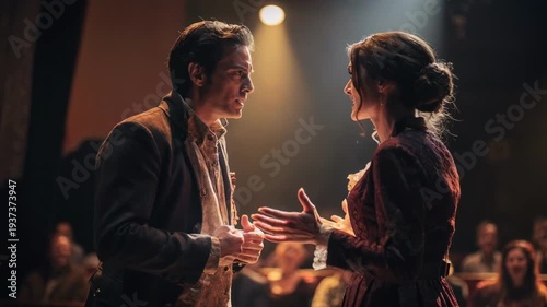 Dramatic medium frame of a pivotal moment in a stage drama with focused performers delivering powerful dialogue the captivated crowd rendered in a pleasing blur.