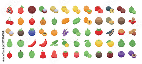 Collection of diverse exotic and common fruits, vegetables, and nuts in a grid layout