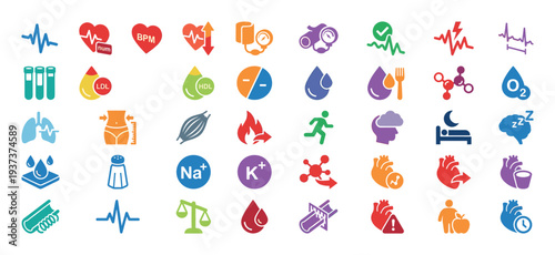 Collection of health and medical icons representing vital signs, body functions, and wellness concepts