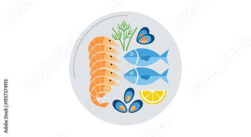 Fresh seafood arrangement on a plate with fish, shrimp, lemon, and herbs in a culinary display