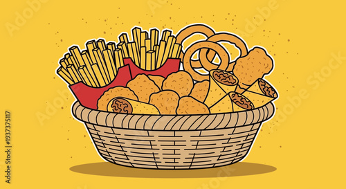 Assorted snacks and treats in a wicker basket viewed from the front