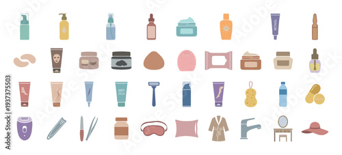 Collection of skincare and personal hygiene products and accessories for beauty routines