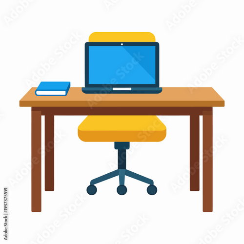 A bright cartoon illustration showing a tidy workspace where a wooden desk holds an open blue laptop and a blue notebook, while a yellow wheeled chair sits behind, viewed from a frontal perspective