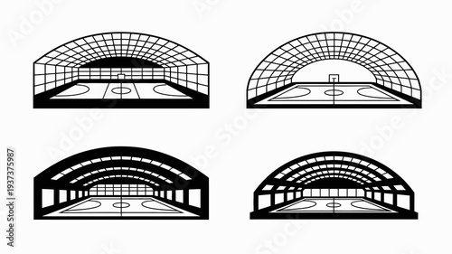 A minimalist black and white illustration depicts four views of a basketball court enclosed within a curved grid patterned architectural structure high quality professional detailed modern