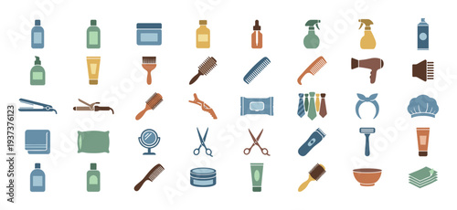 Collection of diverse hair and beauty salon tools and accessories, flat design