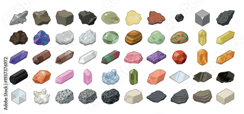 Collection of diverse mineral and rock samples displayed in a grid format