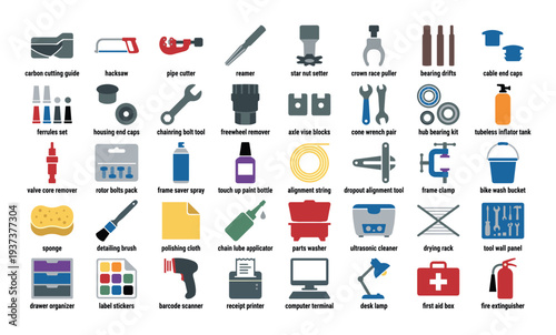 Collection of bicycle repair and maintenance tools and supplies