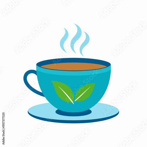 A close-up view of a bright blue teacup with steam rising, holding tea and green leaves on a white saucer, captured as a minimalist graphic illustration from a top-down perspective