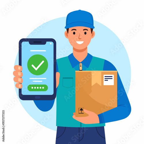 Cheerful cartoon deliveryman holding a smartphone with a green checkmark and a brown package bearing a white label, set against a light blue circle, depicting a delivery service advertisement