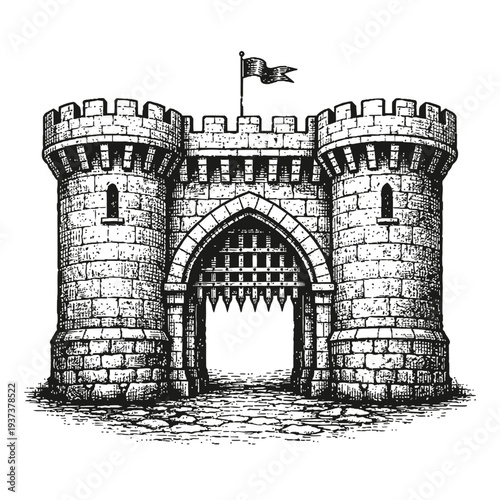 Vintage black and white illustration of a medieval castle gatehouse, featuring defensive towers, arched entrance, and spiked portcullis. A detailed historic fortress stronghold drawing, capturing anci