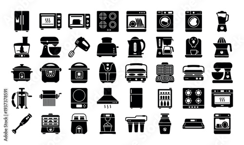 Collection of kitchen appliances and home electronics in a clean, modern icon set