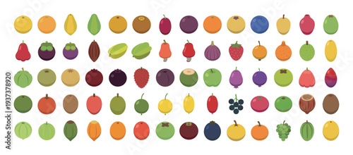 Collection of colorful and diverse exotic fruits arranged in a grid pattern