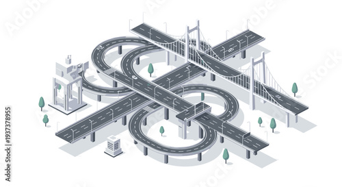 An intricate isometric highway interchange features multiple elevated roads and two prominent suspension bridges, surrounded by small buildings and sparse trees on a stark white background.