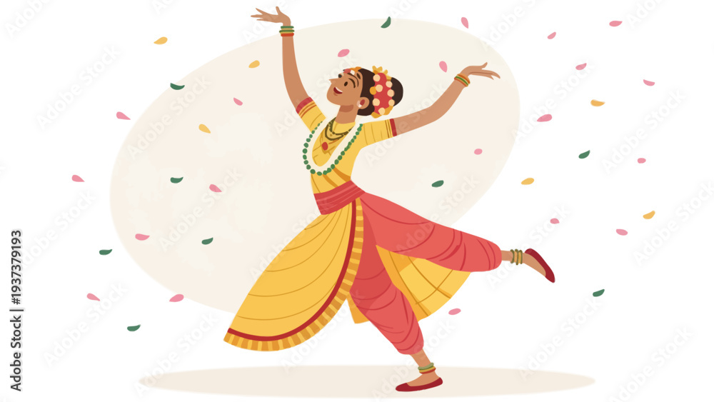 Obraz premium Vibrant Indian dancer performing traditional Bharatanatyam with colorful petals
