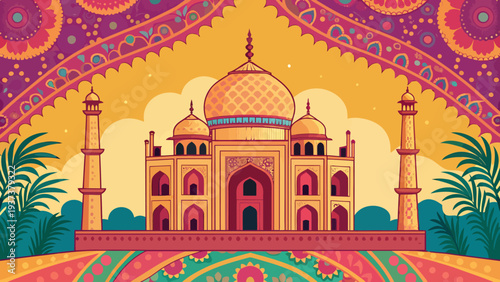Vibrant illustration of the Taj Mahal with colorful patterns and palm trees