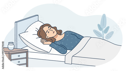 Woman peacefully sleeping in bed with nightstand beside her