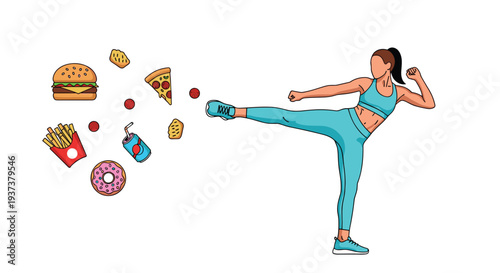 A fit woman in light blue activewear is executing a powerful high kick, sending various unhealthy food items flying on a pristine white background.