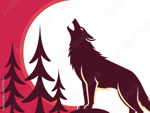 Wolf Howling at Full Moon, Silhouette of Lone Wolf in Forest Under Red and White Sky
