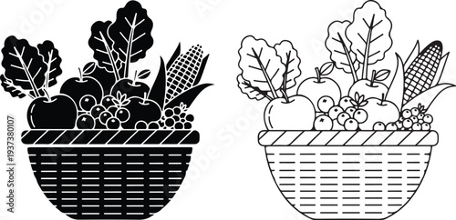 Assortment of fresh fruits and vegetables overflowing from a woven basket depicted in two styles