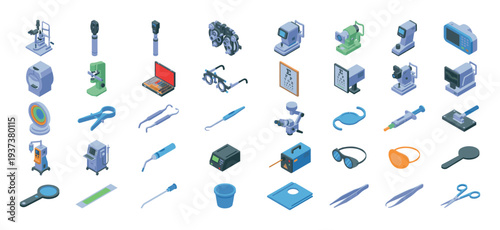 Collection of isometric ophthalmology equipment and tools for eye care and vision testing