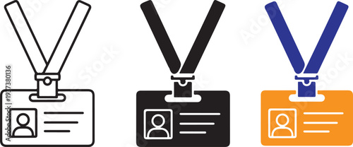 Three different styles of identification badge icons with lanyards isolated on a transparent background
