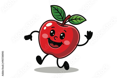 Cartoon Red Apple Character Running with Leaves and Smiling Face