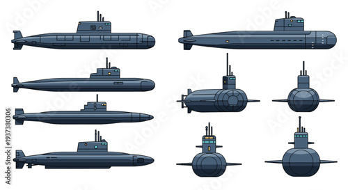 A collection of pixel-art style submarines are shown from various side, front, and top angles on a plain white background.
