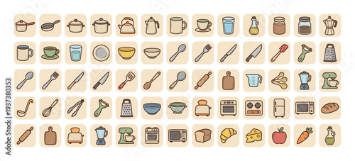 Collection of kitchen utensil and appliance icons in a simple, flat cartoon style
