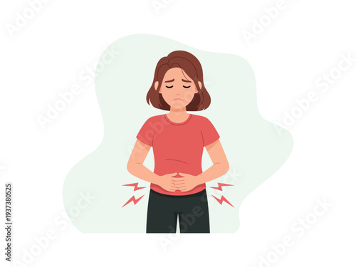 Woman Experiencing Stomach Pain, Holding Her Abdomen with Discomfort and Sickness Illustration