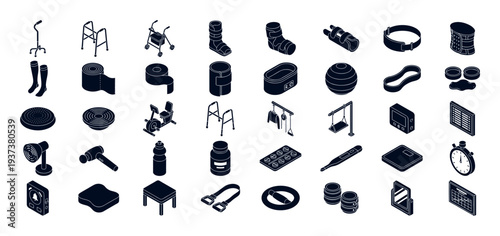 Collection of isometric medical and rehabilitation equipment icons for healthcare and fitness