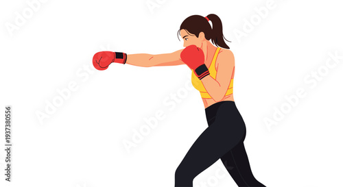 A determined female boxer in a yellow sports bra and black leggings throws a powerful left punch while wearing red gloves against a clean white background.