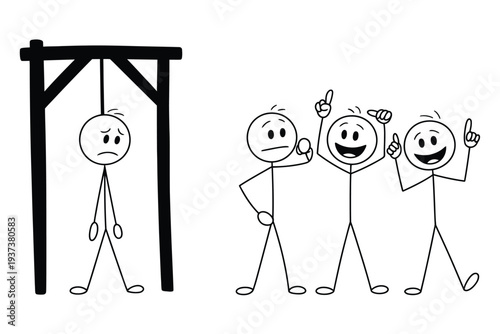 Stick figures, one hanging, others gesturing and smiling, simple black and white doodle illustration