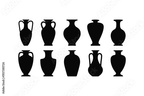 Black Silhouettes of Various Ancient Greek Vases and Amphorae on White Background