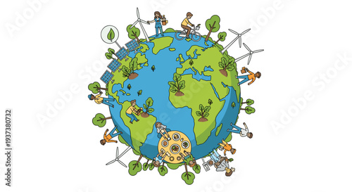 Diverse individuals are actively engaged in various eco-friendly activities like planting trees and cycling around a vibrant Earth globe on a white background.