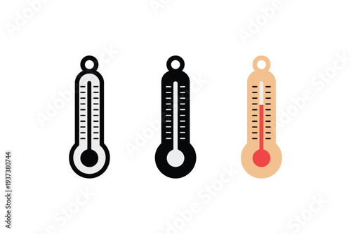 Thermometer icons in black and color, temperature measurement symbols