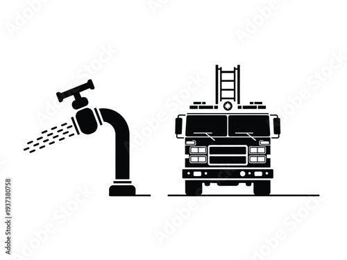 Fire Truck and Water Faucet Illustration in Black and White Colors